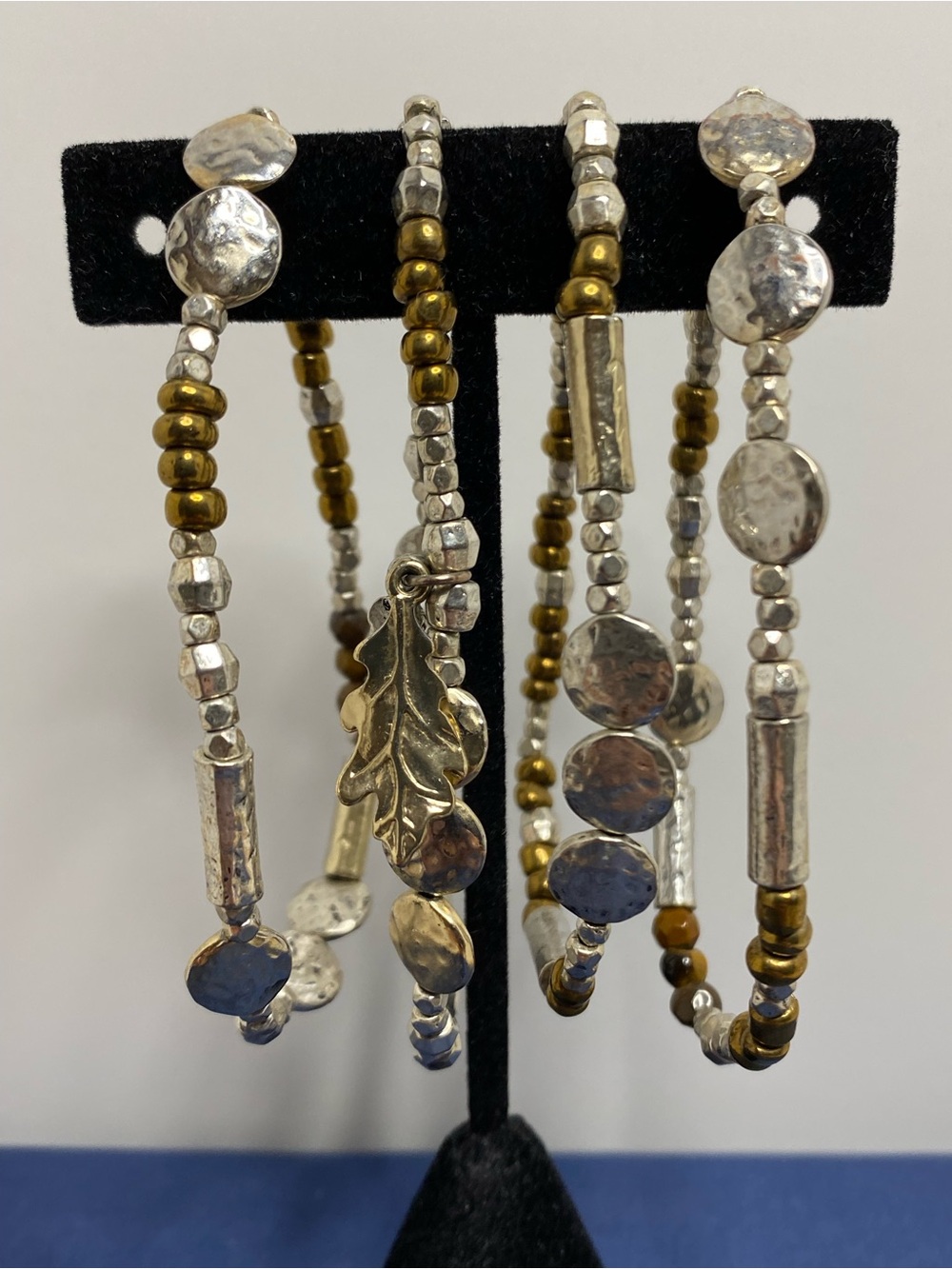 Lot of 4 Stretch Beaded Bracelets Silver Gold Tone Boho Stack Charm Bracelet Set